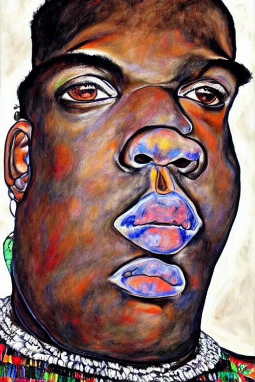 Image similar to a portrait of biggie smalls wearing boho - chic style clothes, with a fur muffler, full body!!, realistic painting in egon schiele style, masterpiece, hyperdetailed, complex, intricate, 4 k, trending on artstation