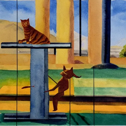 Prompt: filmic excited glowing island square ginger cat xylophone neutron steel, by jeff easley and edward hopper and robert rauschenberg, watercolor, 4 k, low poly