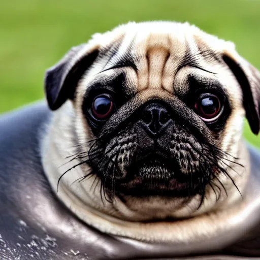 Image similar to A baby seal mixed with a pug, hybrid,