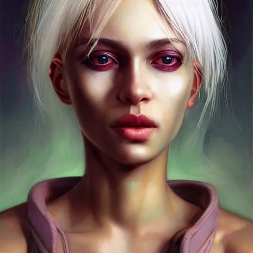 Prompt: dream portrait girl cyberpunk, dark skin, white hair, realistic shaded, fine details, cyberpunk, realistic shaded lighting by Ilya Kuvshinov and Gustav Klimt