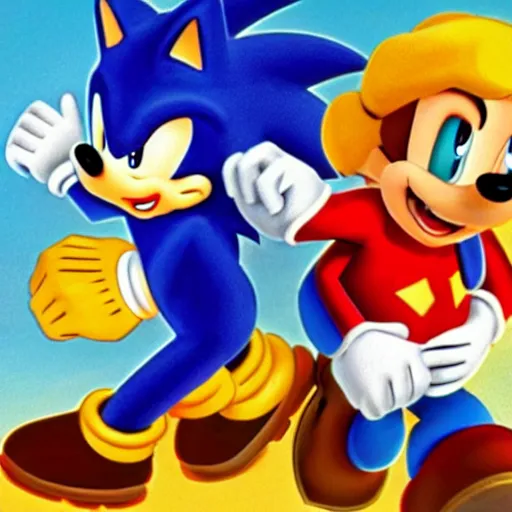 Image similar to 1940s disney film about super mario and sonic the hedgehog