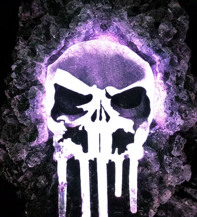 Image similar to punisher symbol is luminous deep purple crystal growing in a cave with smoke and light rays.