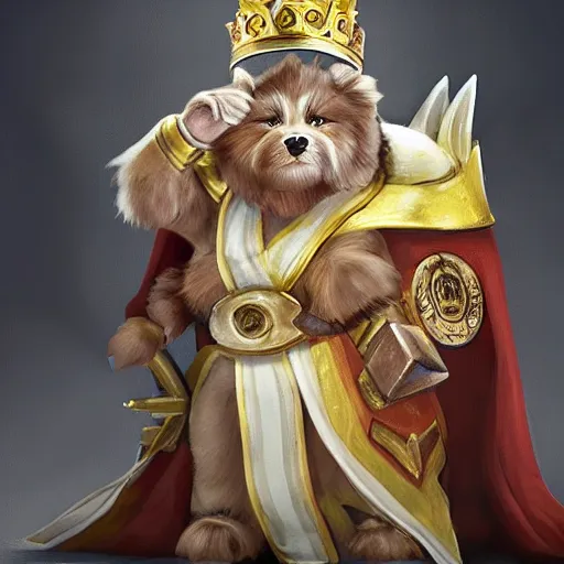 Image similar to a proud corki reigns as king, hyperrealistic