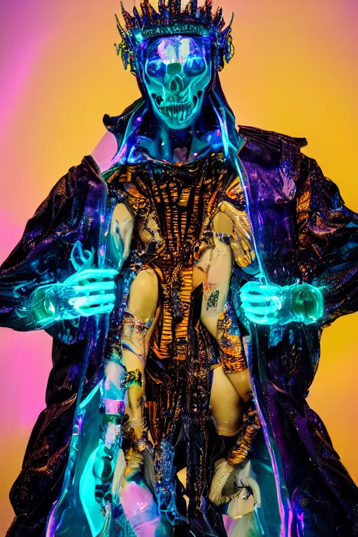 Image similar to photo of fullbody rococo and cyberpunk delicate neon crystalline sculpture of seductive muscular onyx albino marble prince nick jonas teal iridescent humanoid deity wearing yellow plastic hooded cloak holding an onyx skull in a onyx space dungeon, reclining, glowing yellow face, crown of white diamonds, cinematic lighting, photorealistic, octane render 8 k depth of field 3 d