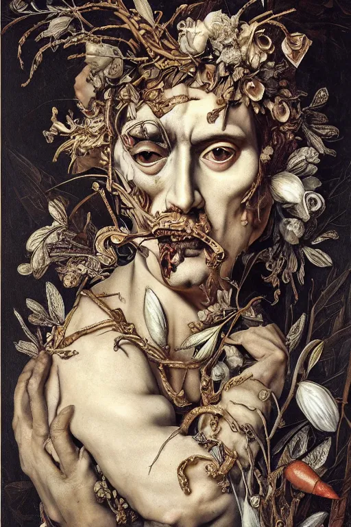 Prompt: Detailed maximalist portrait a Greek god with large lips and with large white eyes, exasperated expression, botany bones, HD mixed media collage, highly detailed and intricate, surreal illustration in the style of Caravaggio, dark art, baroque