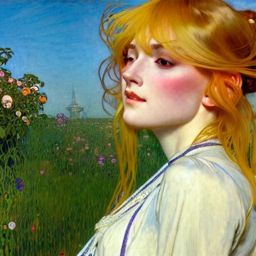 Image similar to A playful young woman with blonde long hair and bangs in shorts and a white blouse drawn by Zeronis and Donato giancola and Robert McGinnis and alphonse mucha, background by James Jean and gustav klimt, 4k, sunny day, volumetric lighting, french nouveau, trending on artstation, octane render, hyperrealistic