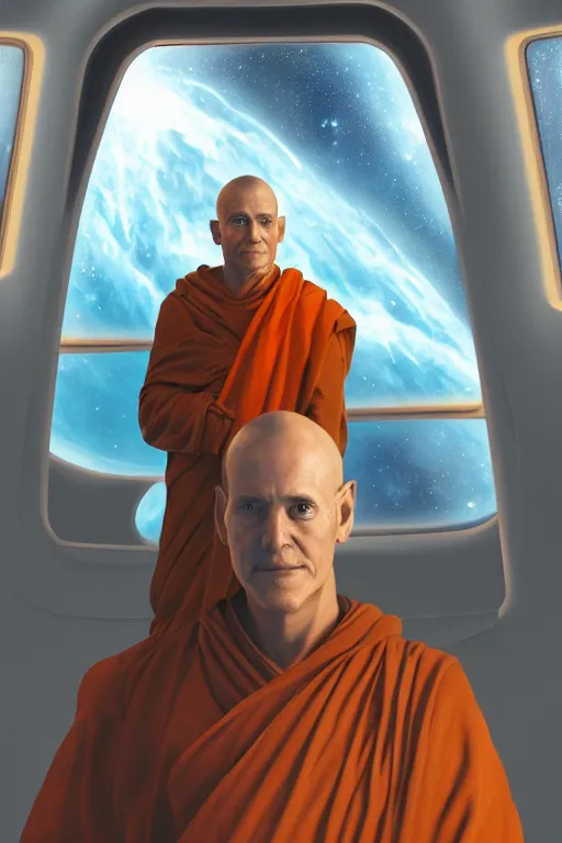 Image similar to portrait of a monk in a spaceship, window, nebula, orange robe, dramatic lighting, artstation, matte painting, ralph mcquarrie