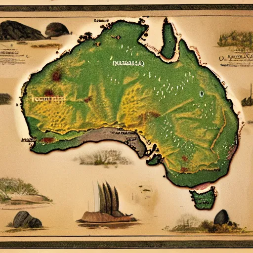 Image similar to recently rediscovered map of ancient Australia, 8k scan, colorized