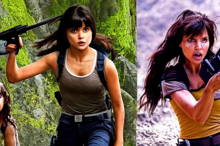 Image similar to Dora the Explorer (played by Isabela Merced) vs Lara Croft (played by Angelina Jolie), film by James Bobin and Simon West