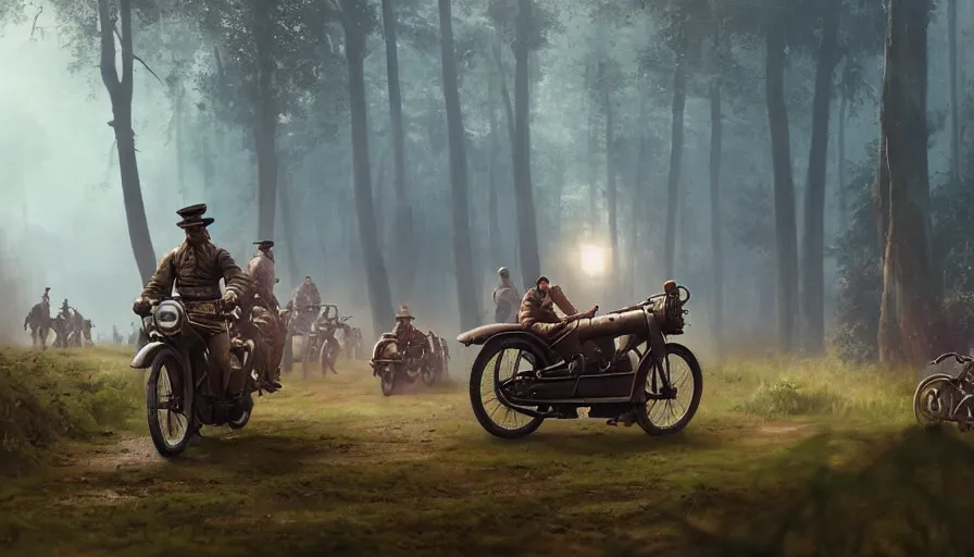 Image similar to british officer driving a motorcycle in 1921 in kerala forest road, tribe members attacking, furious action scene, chase, an epic fantasy, dramatic lighting, cinematic, establishing shot, extremely high detail, photorealistic, cinematic lighting, artstation, by simon stalenhag, horizon forbidden west