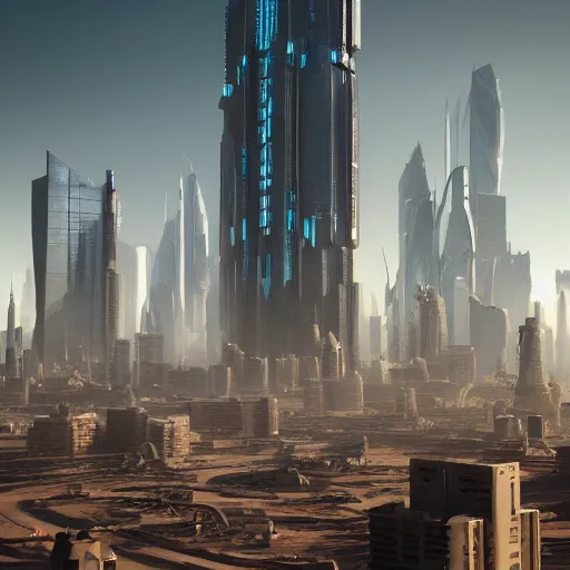 Prompt: futuristic dystopian cityscape with towering skyscrapers in the desert by john blanche, michael kirkbride, high detail, very intricate, 4 k, 8 k, artstation, blender, octane, unreal engine, video game concept art, volumetric lighting