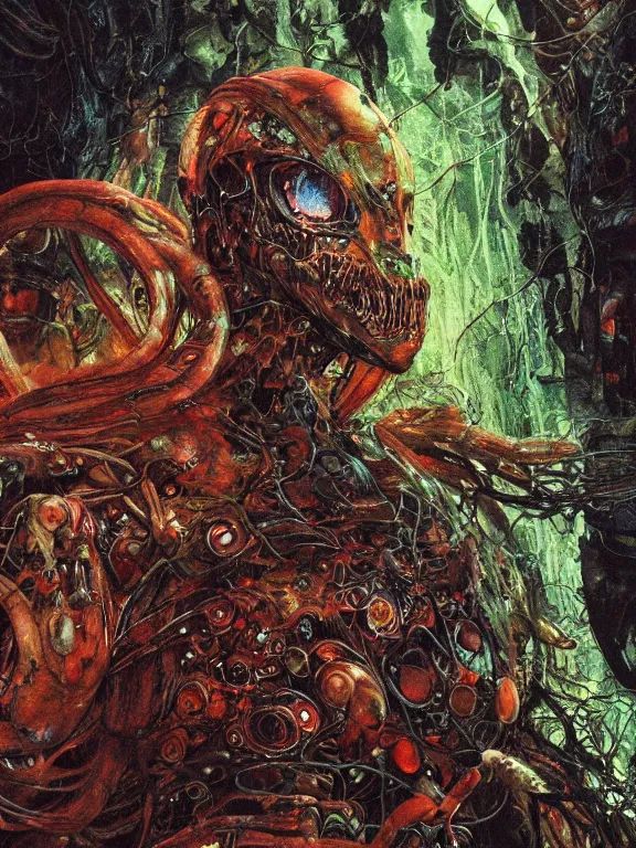 Image similar to closeup portrait of a living goo on a ( transparent cyborg leshy panther with glowing veins ), in alien forest crushed ship interior, cinematic light, backlight glow, red green, mist, by mikhail vrubel, by philippe druillet, by peter elson, by gerald brom, muted colors, extreme detail, trending on artstation, 8 k