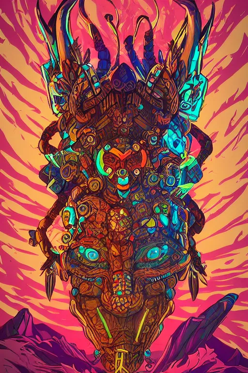 Image similar to totem animal tribal chaman vodoo mask feather gemstone plant wood rock video game illustration vivid color borderlands by josan gonzales and dan mumford radiating a glowing aura