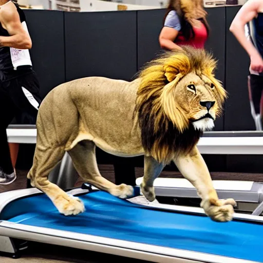 Image similar to a lion running on a treadmill