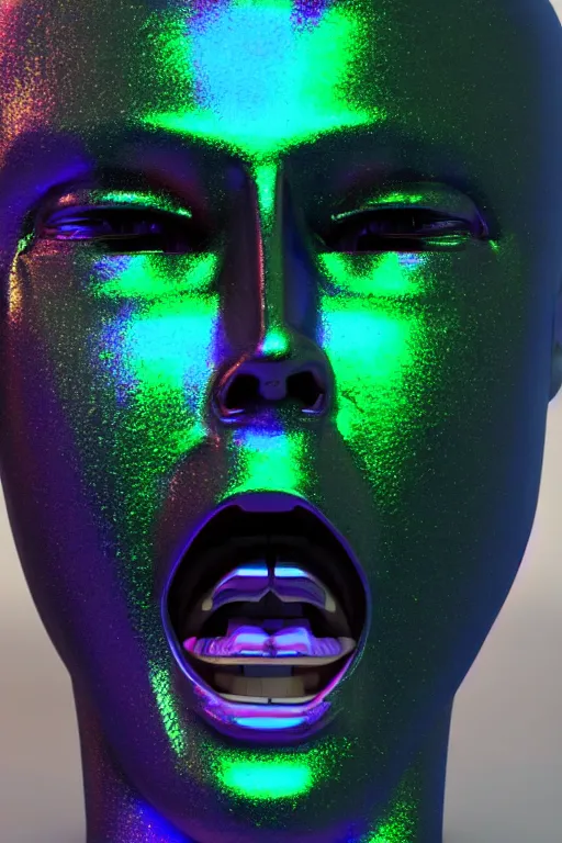 Image similar to 3d render of holographic angry human robotic screaming angry bust made of glossy iridescent, screaming, bust, surrealistic 3d illustration of a human non-binary, non binary model, 3d model human, cryengine, made of holographic texture, holographic material, holographic rainbow, concept of cyborg and artificial intelligence