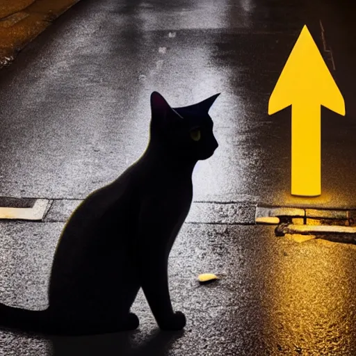 Image similar to Cat sitting on wet street corner with, glowing exclamation mark over its head, glowing exclamation mark over its head, high detail, 4k