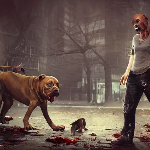 Image similar to dogwalker as angry zombie with a pit bull in a city park, full body portrait, horror core, apocalyptic, sharp focus, fiction, hyper detailed, digital art, trending in artstation, cinematic lighting, studio quality, smooth render, unreal engine 5 rendered, octane rendered, art style and nixeu and wlop and krenz cushart