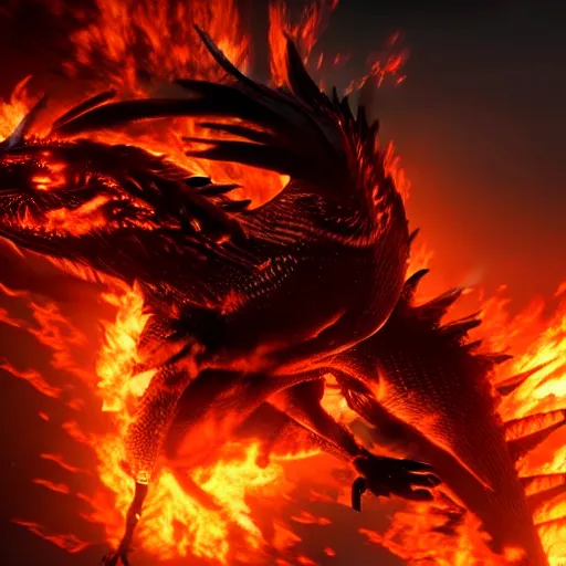 Image similar to a black dragon with red eyes, and flaming fire out his mouth, flying through the sky, above new york city. Unreal Engine, Cinematic, 8K hyperrealistic, live-action.