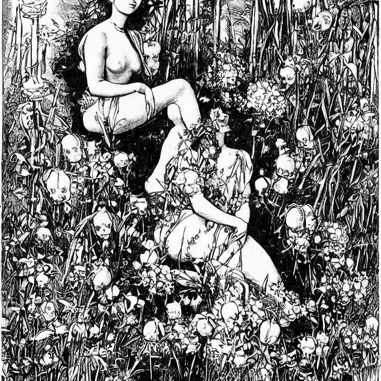 Image similar to a walther caspari illustration in lustige blatter in 1 8 9 9 of a ( young goddess, sitting on a conical pile of small skulls ) with huge flowers on tall stalks behind her, black and white pen an ink drawing