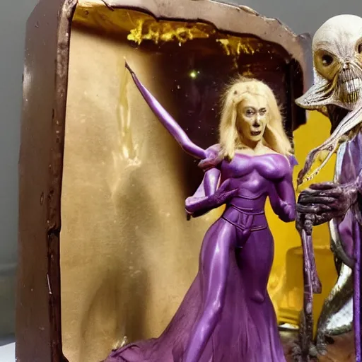 Prompt: Wax figurine of an alien priestess fighting a wax figuring of a cosmic monster