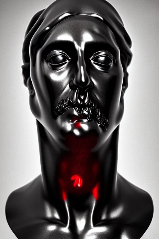 Image similar to polished black marble bust of a man with half skull statue hiding his face under a red velvet veil, sculpted by hedi xandt, epic and cinematic view, volummetric light, texturized, detailed, 8 k