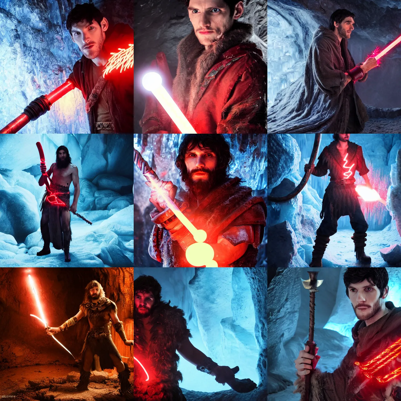 Prompt: Colin Morgan wearing a barbarian tunic holding a glowing red magical wand with electrical bolts emitting from it. In a cave made of ice. Trending on Artstation, octane render, ultra detailed, art by Ross tran