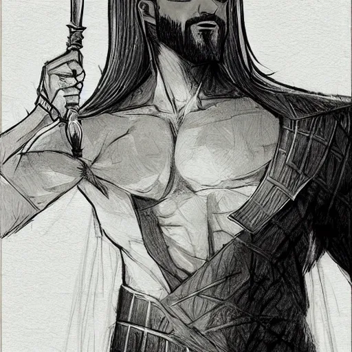 Image similar to concept art character, very high angle view, very attractive man with beard, highly detailed full body, strong masculine features, sturdy body, with a futuristic sword in the right hand, command presence, royalty, smooth, sharp focus, organic, appealing, book cover, deep shadows, by Dave McKean sketch lineart for character design