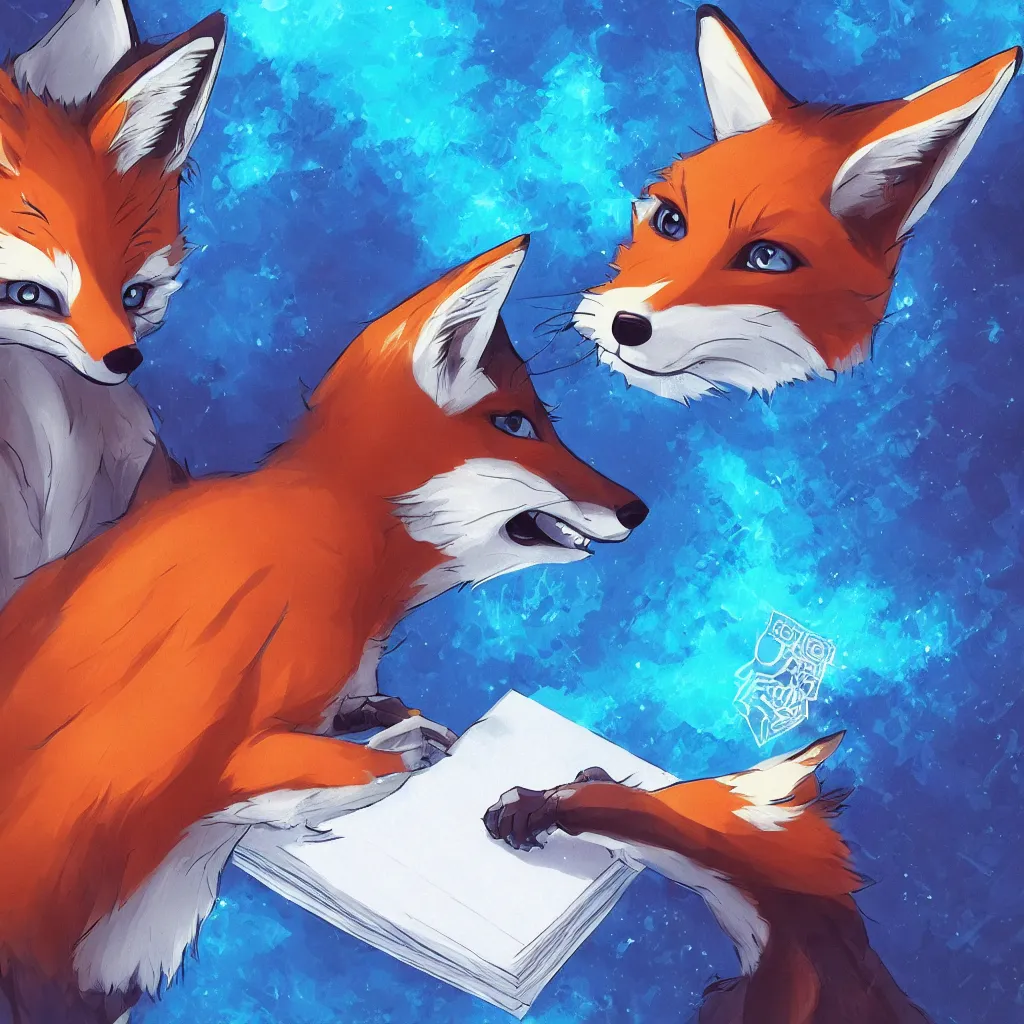 Image similar to a fox in a blue hoodie on the white background hacking a notebook, concept art, anime style, digital art picture, highly detailed, artstation, detailed, award winning, colorful