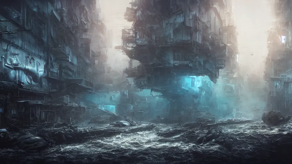 Image similar to dramatic Photorealistic,hyper detailed Matte Painting of an under water scene with a deep sea submersible with bright head lights exploring post apocalyptic underwater ruin city street,dark Tall empty buildings,gigantic blue whale swims above by Greg Rutkowski,Craig Mullins,Hyperrealism,Beautiful dark dramatic moody lighting,underwater caustics,Cinematographic Atmosphere,Volumetric light rays,VRay Rendering,8K