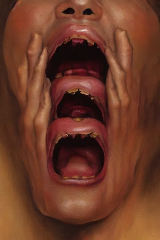 Prompt: beautiful oil painting portrait of beautiful screaming woman face by wayne barlowe, rembrandt, complex, stunning, realistic skin color, 4 k, high res, awardwinning, masterpiece, realistic lighting