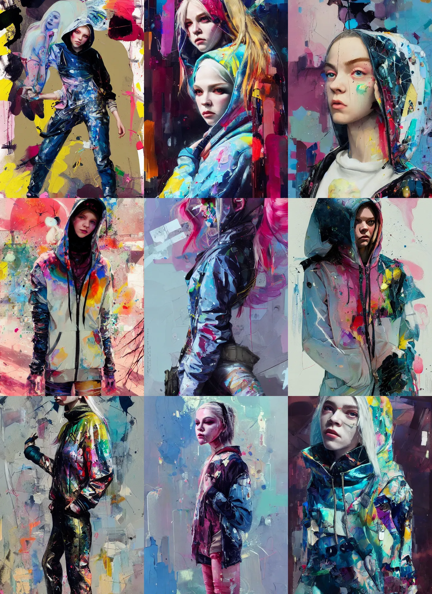 Prompt: ( hunter schafer ) in the style of martine johanna and greg rutkowski, wearing hoodie, madonna scene, township! street fashion!,! haute couture!, full figure painting by john berkey, david choe, ismail inceoglu, gorgeous features, detailed impasto brushwork