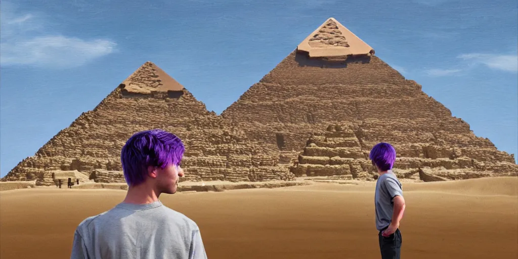 Image similar to landscape, steve jobs and a boy with purple hair in front of the pyramids, hyperrealism, intricate, 8 k, high detail