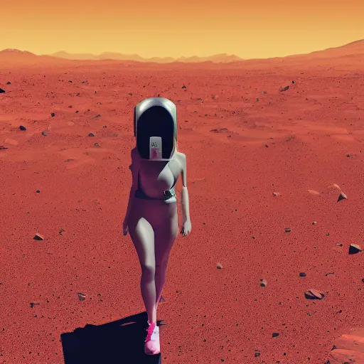 Image similar to A wide angle shot from below of a feminine body walking with swagger towards camera on mars in an infinite universe , synthwave digital art