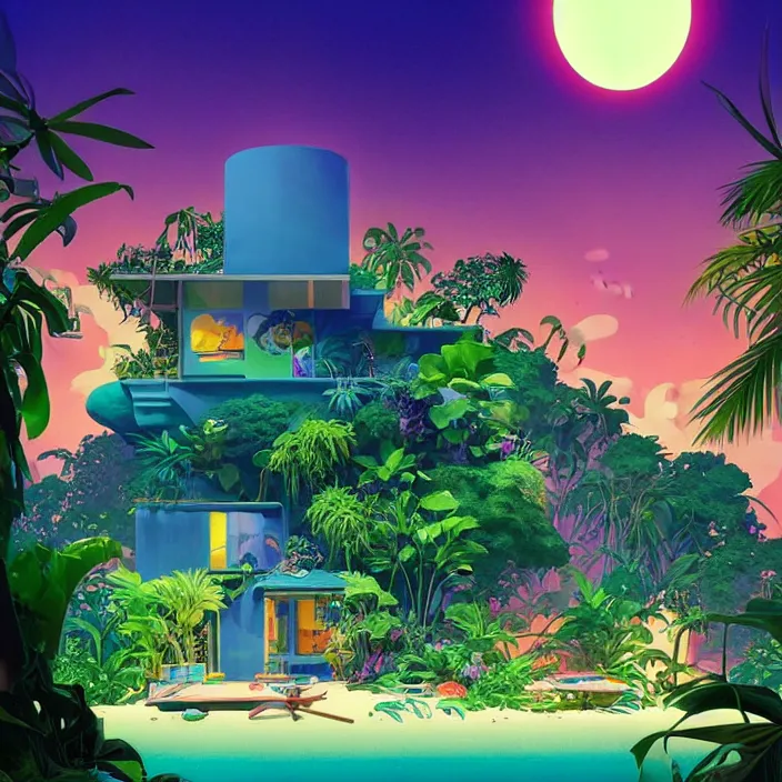 Image similar to a luminescent tropical cottage by paolo eleuteri serpieri and tomer hanuka and chesley bonestell and daniel merriam and tomokazu matsuyama, unreal engine, high resolution render, featured on artstation, octane, 8 k, highly intricate details, vivid colors, vector illustration