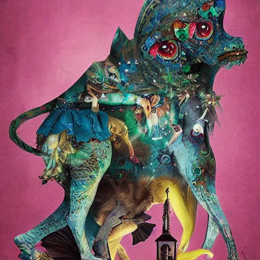 Image similar to strange mythical beasts of whimsy, surreal dark uncanny mixed media colllage by Ronny Khalil