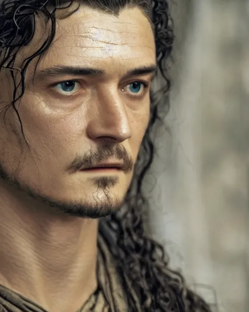 Image similar to Orlando Bloom in the role of galadriel, film still, high detail