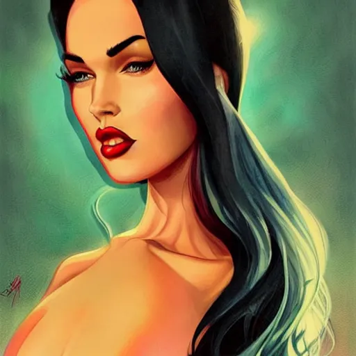 Image similar to a pinup illustration of megan fox in the style of anna dittmann and in the style of alex ross.