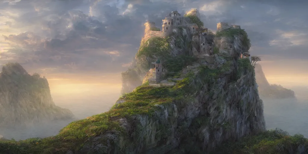 Image similar to a spiritual matte painting by feng zhu of a cliff side castle, dawn setting, HDR, unreal engine, god rays, ue5, concept art, wide angle, 4k hd wallpaper