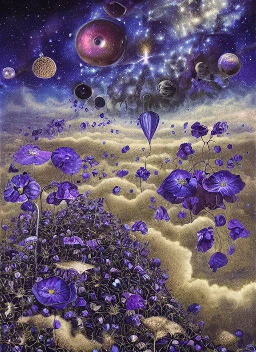 Image similar to detailed, intricate blue black and purple papaverum flower on the field, nebula, galaxy in the sky, winning award masterpiece, fantastically beautiful, illustration, aestheticly inspired, jacek yerka, upscale with anguissola sofonisba work, artstation, 8 k