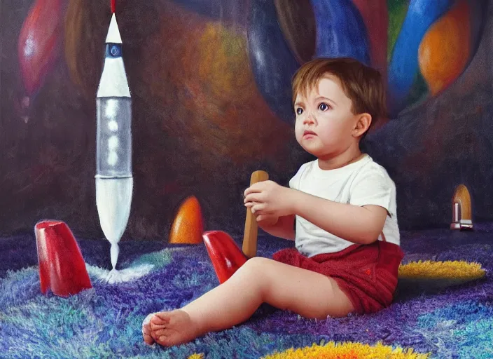 Prompt: toddler elon musk sitting on a shaggy rug playing with his big rockets, holding a silver rocket, bedroom, realistic painting, beautiful lighting, istvan sandorfi