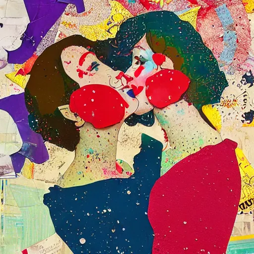 Prompt: two women kissing at a carnival, mixed media collage, retro, paper collage, magazine collage, acrylic paint splatters