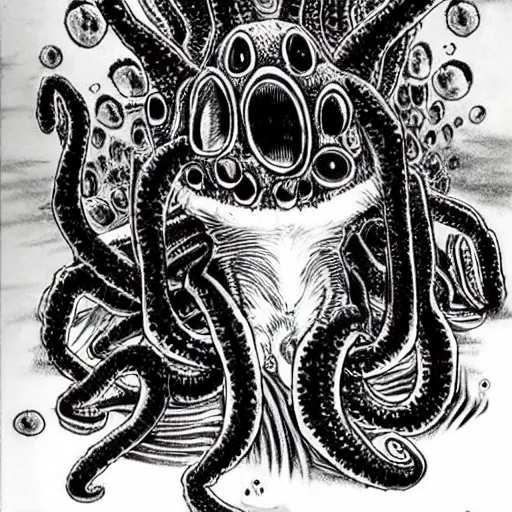 Image similar to a cute but frightening corgi with many eyes and tentacles, detailed horror manga drawing by junji ito, kentaro miura