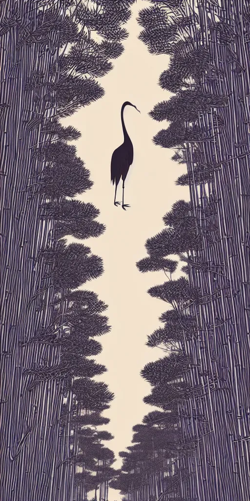 Image similar to a portrait of japanese crane walking into a forest of japanese pines, a big red sun in the background, fresh modern style, responsive, front game card, vector line art, trending on behance, simple thick line art, stunning, matte