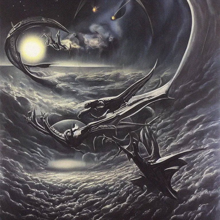 Image similar to painting by h. r. giger, menacing dragon soaring above the clouds, blackhole sun, dark undertones, exodus of the stars