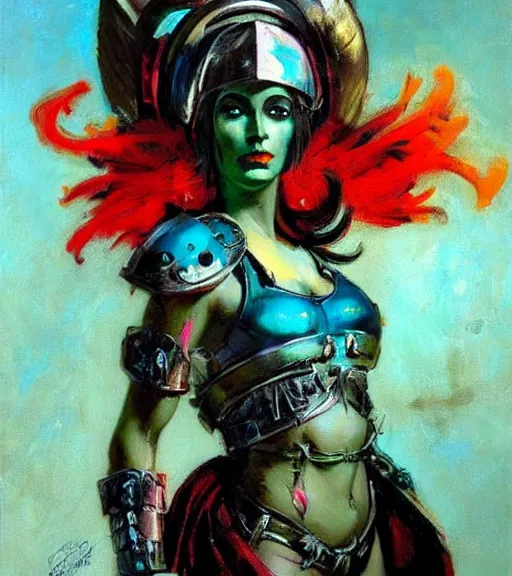 Image similar to portrait of junoesque iranian female chaos angel, beautiful! coherent! by frank frazetta, by brom, strong line, vivid neon color, shining metal power armor, iron helm, high contrast, maximalist