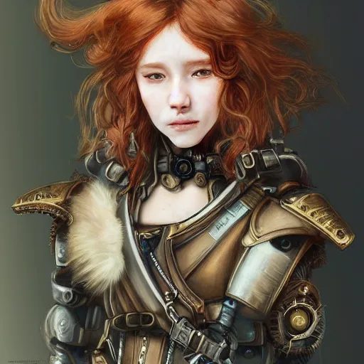 Image similar to portrait of a girl by ayami kojima, scottish, she is about 2 0 years old, wavy redhead, annoying little sister vibes, she is wearing a steampunk tactical gear, highly detailed portrait, digital painting, artstation, concept art, smooth, sharp foccus ilustration, artstation hq