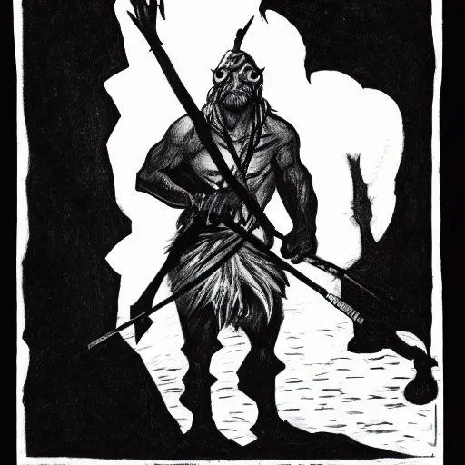 Prompt: A blind fishman holding a spear in a dark cave. D&D. Pencil drawing. Black and white. Mike Mignola.