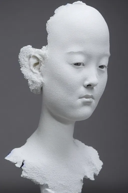 Image similar to full head and shoulders, beautiful female porcelain sculpture by daniel arsham and raoul marks, smooth, all white features on a white background, delicate facial features, white eyes, white lashes, detailed white, the head is split open like an egg, gold paint flows out