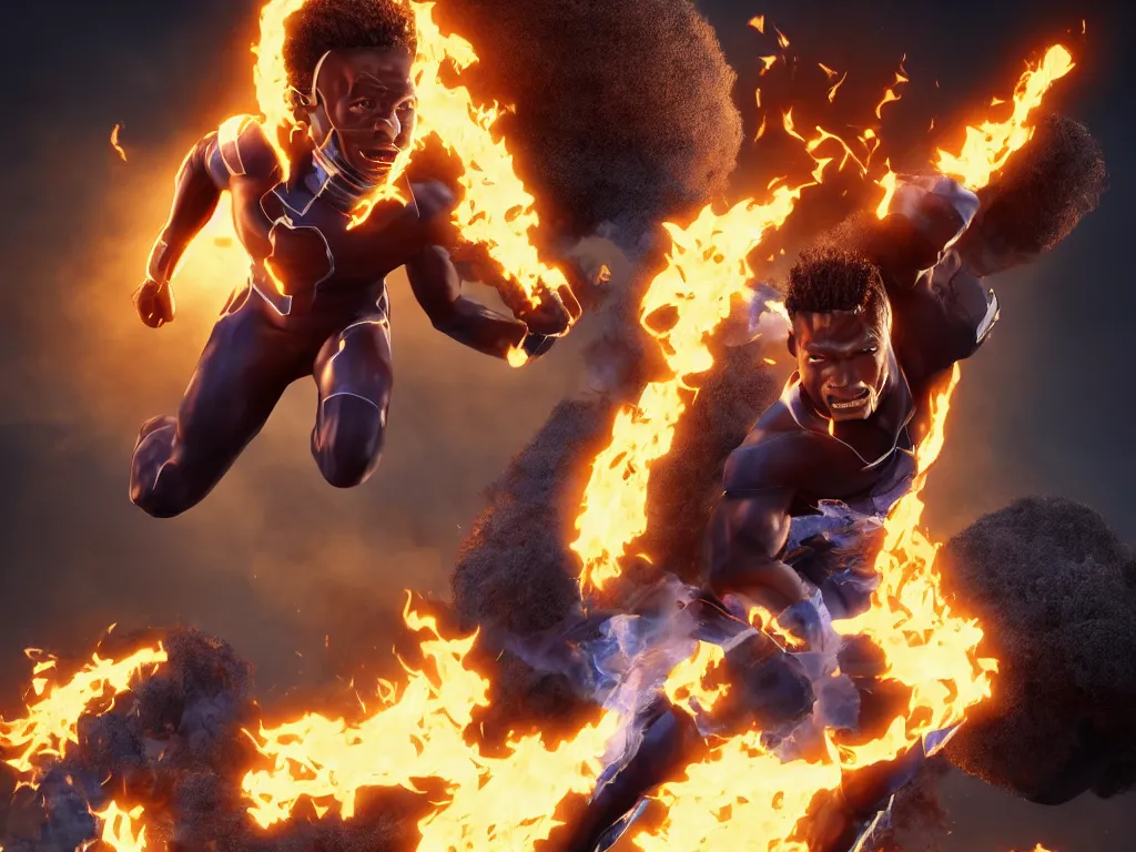 Image similar to full body cinematic, a handsome African American Johnny Storm young male superhero of the fantastic four with flaming brown dreadlocks hair, photorealistic, cinematic, high detail, dramatic lighting, unreal engine, octane render, 8k