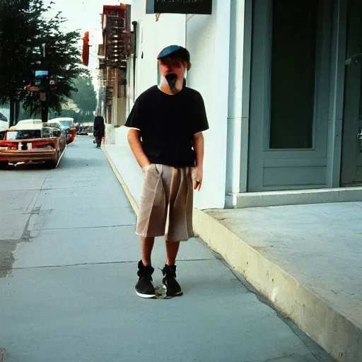 Prompt: humanoid kirby walking on the sidewalk dressed in casual clothes, portra 800